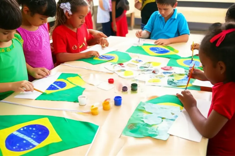 Grupo de crianças em idade escolar pintando bandeiras do Brasil com tintas coloridas, demonstrando criatividade e concentração em uma atividade educativa.