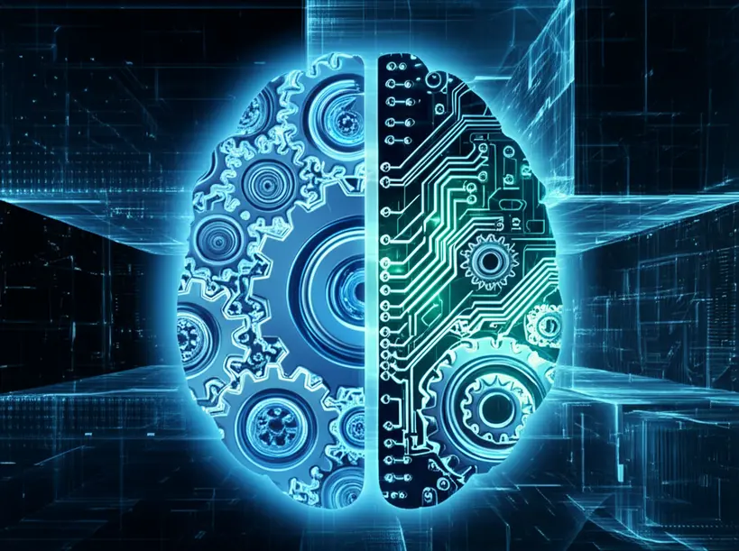 Imagem de um cérebro estilizado com elementos digitais e engrenagens, simbolizando a fusão da criatividade humana e a inteligência artificial