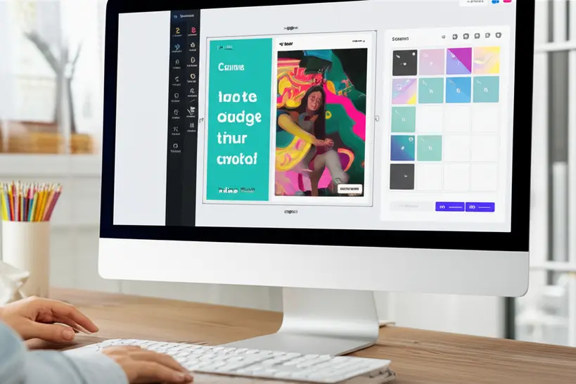 Uma pessoa focada criando um design gráfico vibrante em um computador, com a interface do Canva visível na tela, mostrando um post para redes sociais com cores alegres.