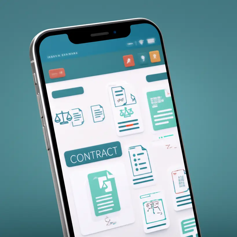 Documentos Legais Simplificados Uma interface de software mostrando documentos legais organizados e simplificados, com ícones de leis e contratos, indicando facilidade de gestão.