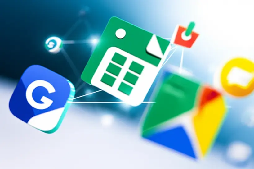 Ilustração de ícones do Google Keep, Tasks, Calendar e Drive interconectados, simbolizando produtividade integrada.