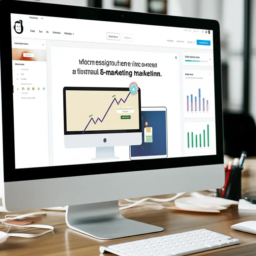 Uma tela de computador mostrando a interface do Mailchimp com um email marketing bem desenhado sendo visualizado, com gráficos de desempenho ao fundo.