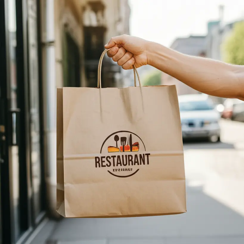 Saco kraft com logo de restaurante e comida dentro, mostrando o impacto visual