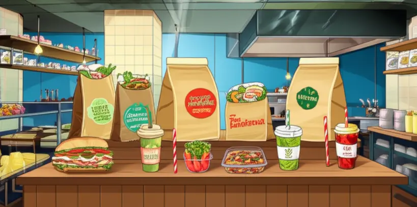 Embalagens de saco kraft inovadoras e personalizadas para alimentos em um balcão de restaurante