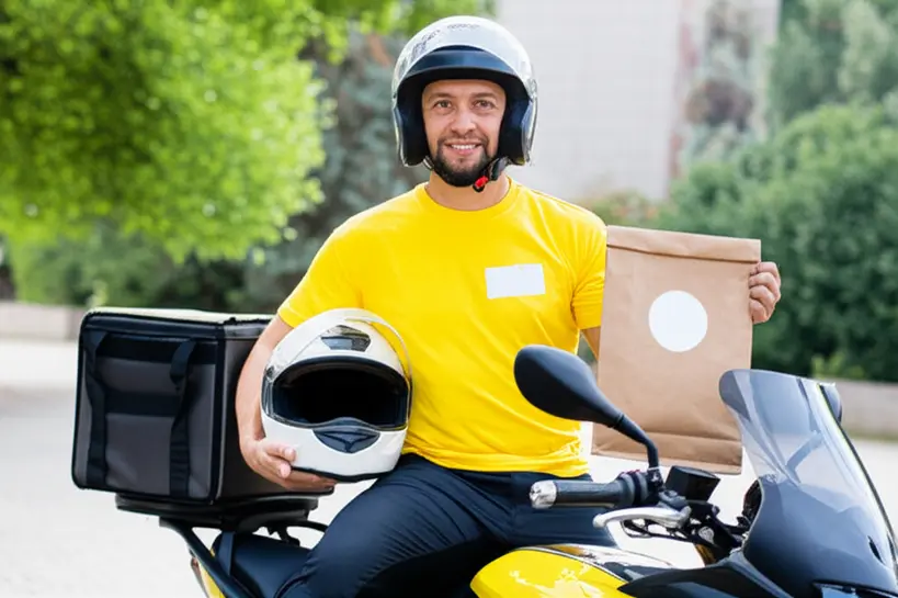 Empreendedor de delivery sorrindo, segurando um saco Kraft lacrado com logo da empresa