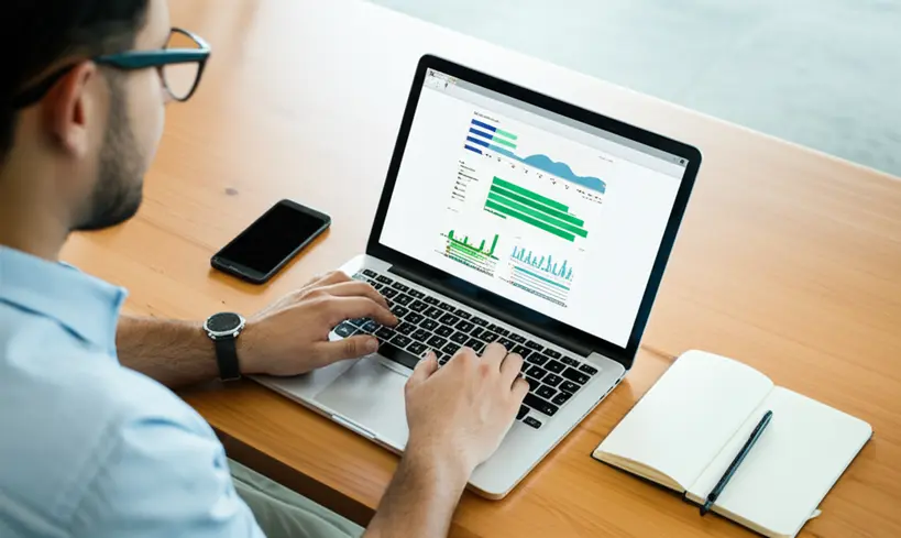 Empreendedor focado em seu notebook, utilizando ferramentas digitais para otimizar o trabalho