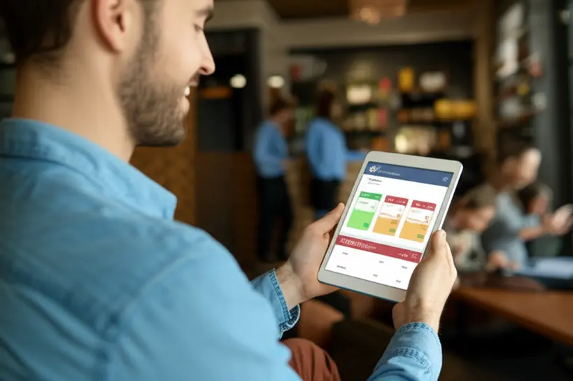 Empreendedor Usando Aplicativo de Gestão Um empreendedor sorridente usando um tablet com um aplicativo de gestão financeira e legal, simbolizando facilidade e controle.