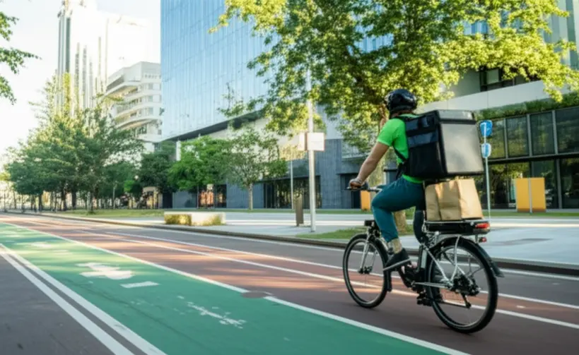 Entregador de delivery em bicicleta elétrica com saco kraft em uma rua urbana verde