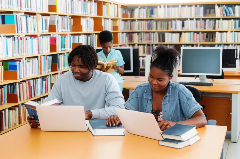 Estudantes negros em ambiente universitário Jovens estudantes negros em uma biblioteca universitária simbolizando inclusão e acesso à educação