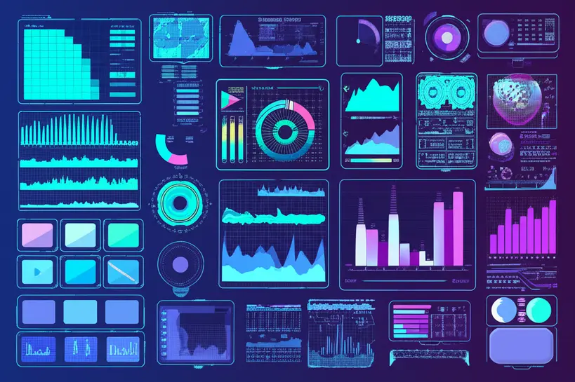 Imagem de uma mesa de trabalho digital futurista com vários ícones e interfaces de ferramentas de inteligência artificial para criação de conteúdo