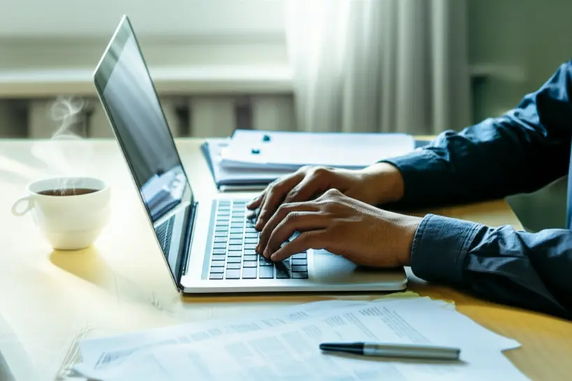 Foto realista de um freelancer trabalhando em um laptop, com uma xícara de café e documentos organizados, simbolizando a eficiência e a liberdade da gestão simplificada.