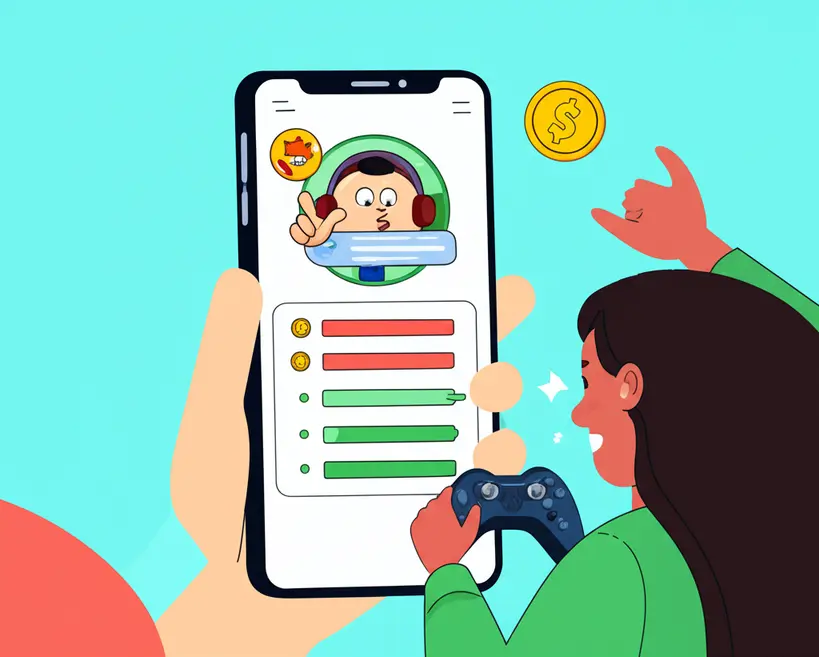 Ilustração de uma pessoa jogando um aplicativo de aprendizado de idiomas gamificado no celular, com elementos de pontuação, moedas e personagens animados.