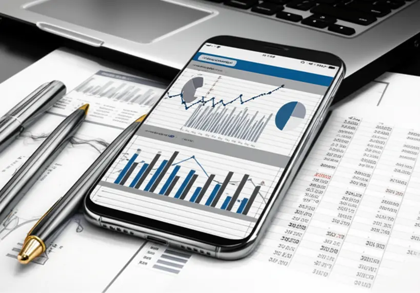 Um smartphone exibindo gráficos de desempenho financeiro e planilhas digitais, posicionado sobre uma mesa de trabalho com um notebook e canetas, simbolizando planejamento e análise financeira.
