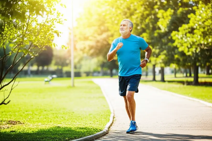 Homem de meia-idade praticando corrida em ambiente natural, promovendo saúde