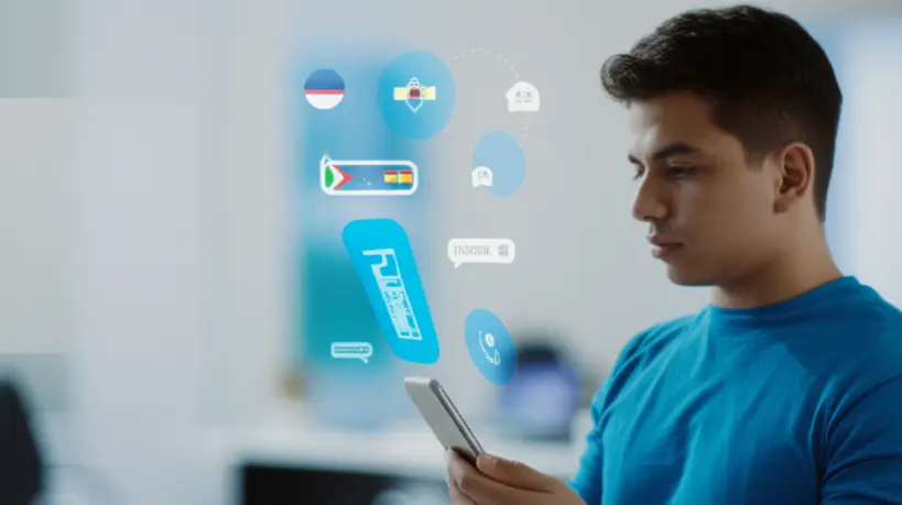Homem jovem e engajado interagindo com um chatbot de inteligência artificial em seu smartphone para praticar um novo idioma, em um ambiente moderno