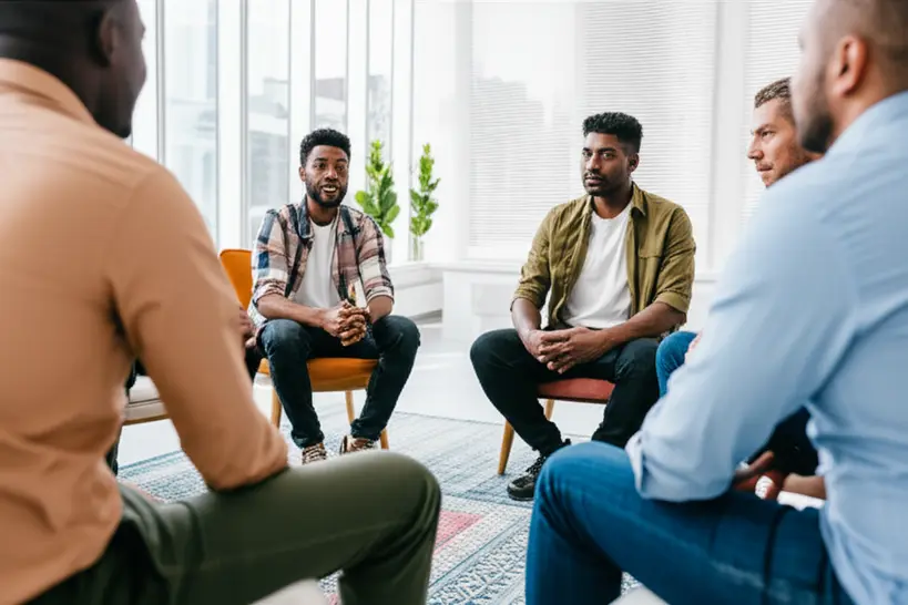 Grupo de homens de diversas idades conversando abertamente em um ambiente acolhedor, simbolizando a quebra de tabus sobre saúde mental masculina.
