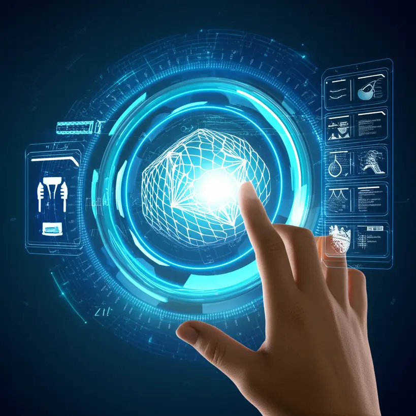 Mão humana interagindo com interface holográfica de design IA