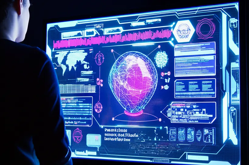 Imagem de uma pessoa em frente a uma tela futurista, com luzes e gráficos representando ideias e conceitos sendo gerados por inteligência artificial