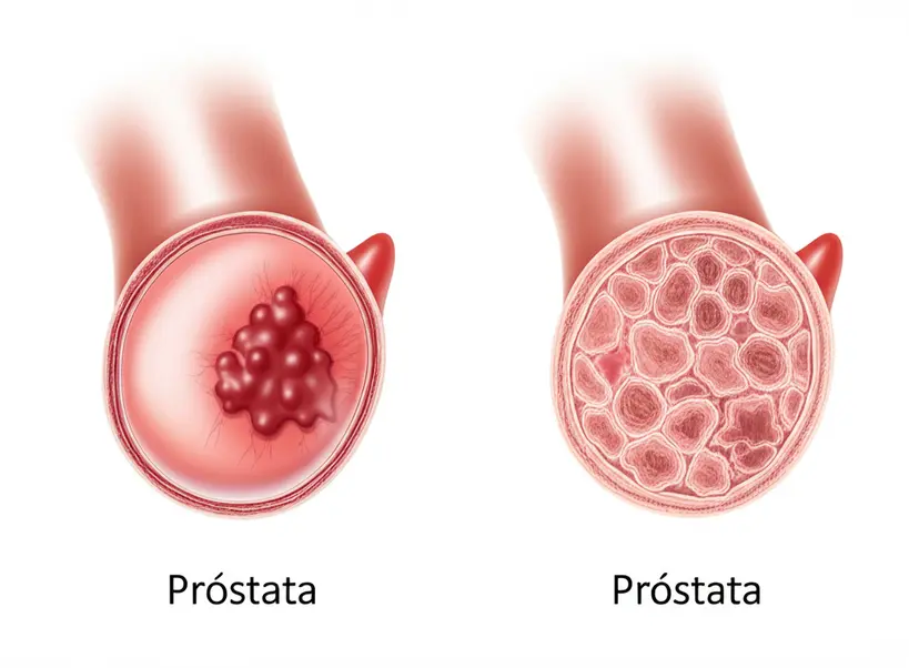Ilustração da próstata masculina, mostrando a glândula saudável e afetada pelo câncer