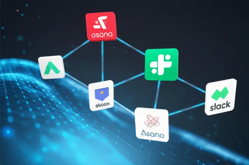 Diagrama mostrando diversas ferramentas digitais interconectadas, simbolizando a integração e sinergia para aumentar a produtividade em um ambiente de negócios.