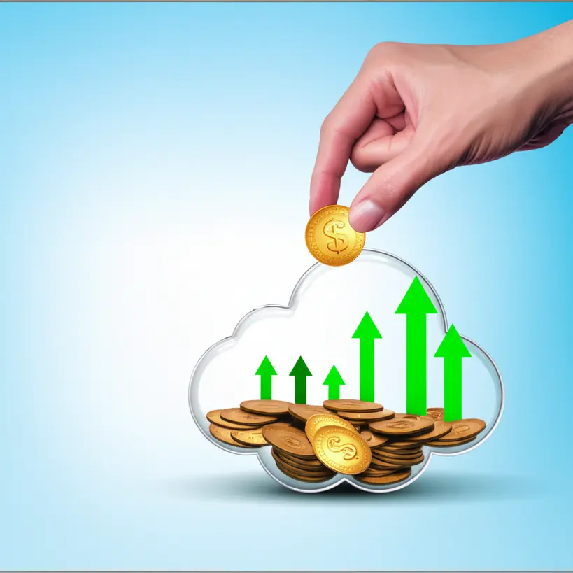 Mão colocando moedas em um cofrinho digital em forma de nuvem, com setas de crescimento