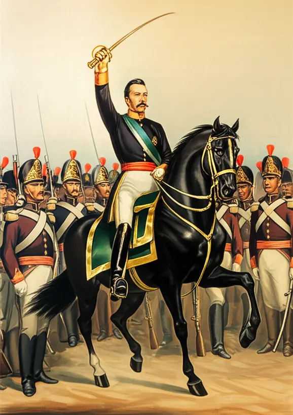Marechal Deodoro da Fonseca em um cavalo, com soldados ao fundo, simbolizando a Proclamação da República em 15 de Novembro de 1889.