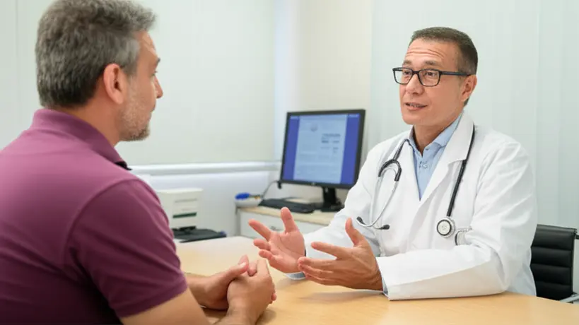Médico e paciente em consultório, discutindo resultados de exames de próstata