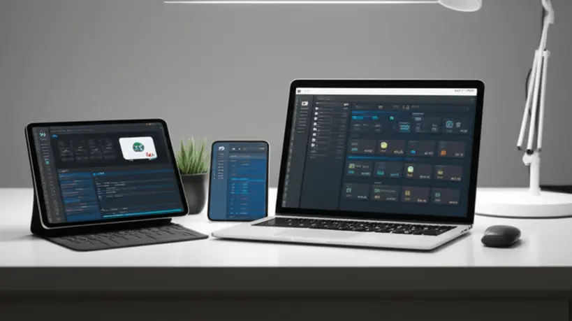 Mesa de trabalho moderna com tablet e laptop mostrando apps de IA para organização