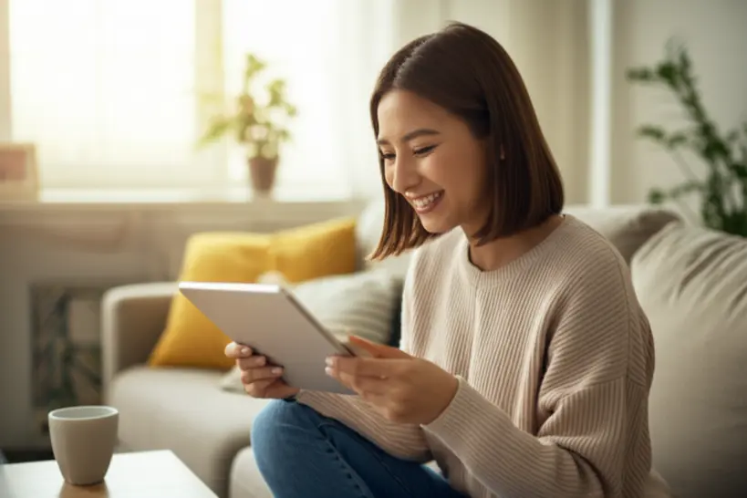 Mulher sorrindo usando tablet para compras online, com cartão de crédito na mão
