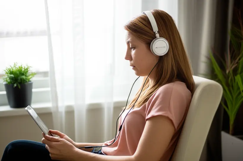 Mulher jovem com fones de ouvido, concentrada, ouvindo um podcast de aprendizado de idiomas em um tablet, em um ambiente tranquilo