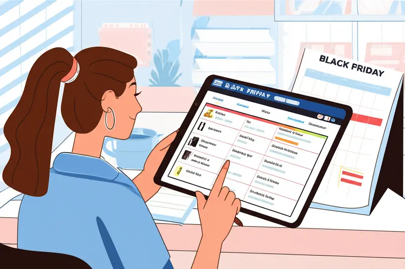 Mulher jovem sorridente usando um tablet para planejar suas compras da Black Friday, com uma lista de produtos e um calendário em segundo plano