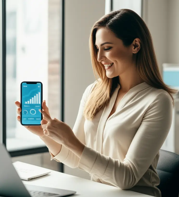 Uma mulher sorridente usando um aplicativo de finanças em seu smartphone, com gráficos e números claros na tela, representando controle financeiro.