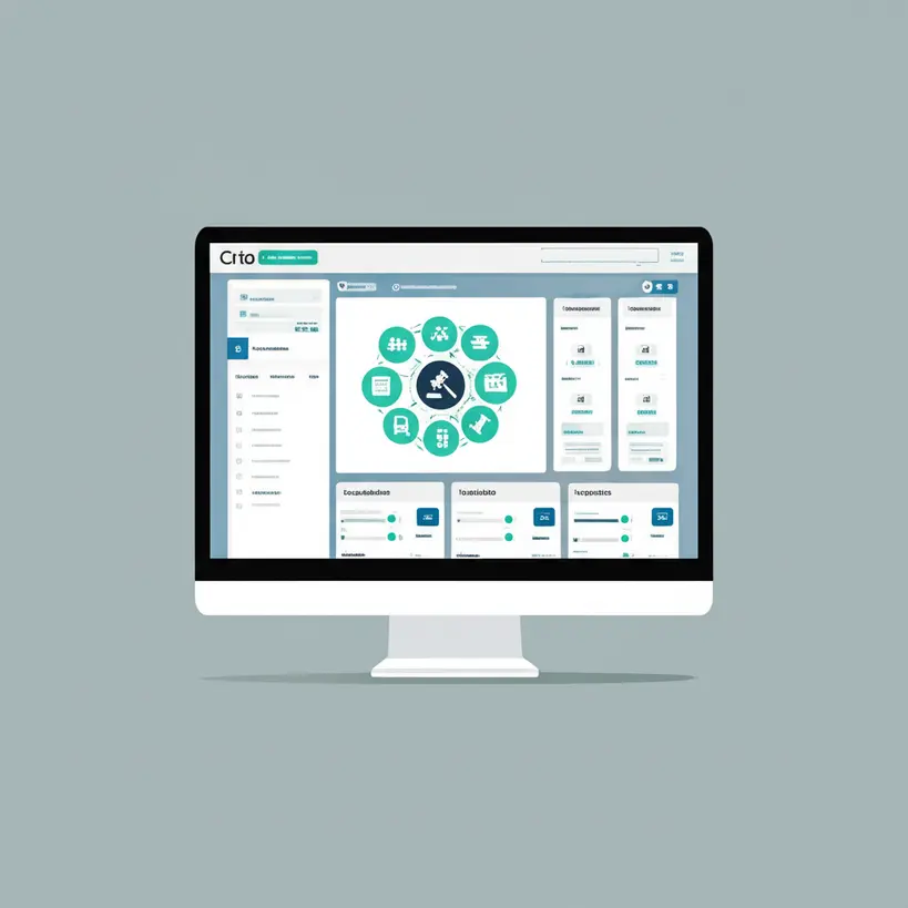 Ilustração de um painel de controle digital com ícones de finanças, contabilidade e legalidade, representando a centralização de ferramentas de gestão para empreendedores.
