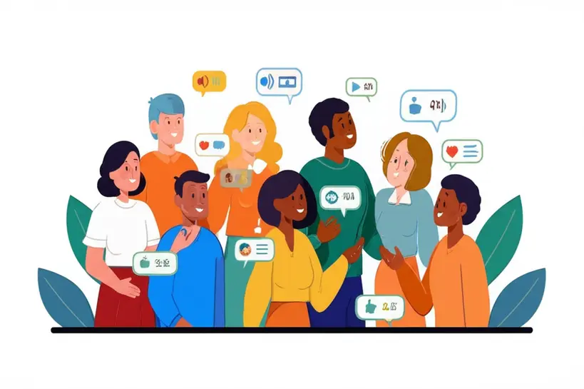 Grupo de pessoas diversas interagindo em um aplicativo de troca de idiomas, sorrindo e praticando conversação