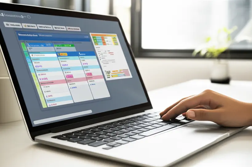 Uma mão digitando em um teclado de laptop, com uma interface de software de gerenciamento de projetos visível na tela, mostrando tarefas e prazos organizados.
