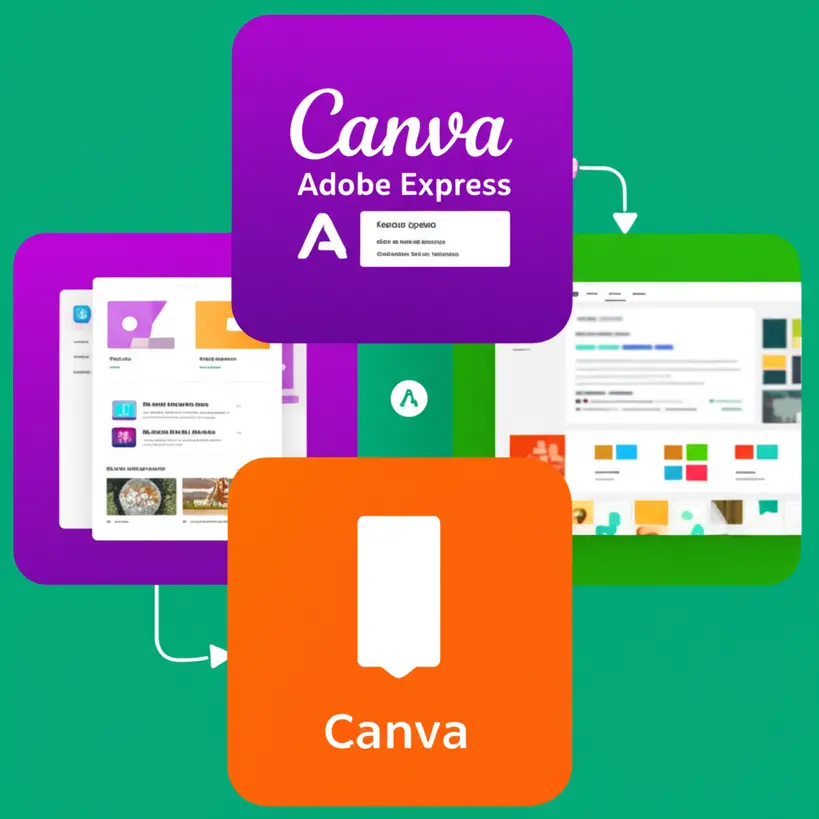 Ilustração de ícones de plataformas de design como Canva e Adobe Express