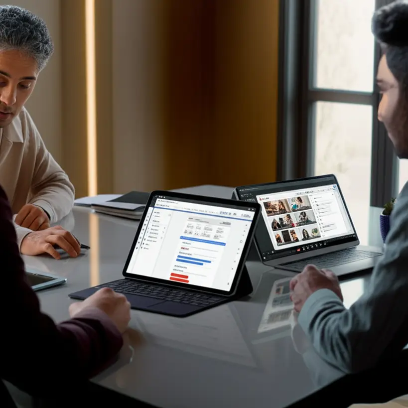 Equipe de três pessoas colaborando em um projeto, com um tablet e um laptop abertos mostrando aplicativos do Google Workspace como Docs e Meet, em uma sala de reunião moderna.