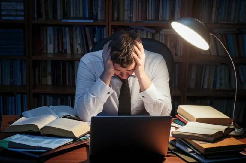 Professor exaurido na mesa de trabalho Professor exaurido na mesa de trabalho com livros e computador