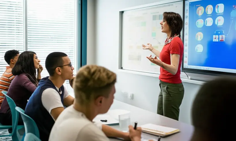 Professora explicando para alunos em sala de aula Professora explicando para alunos em sala de aula com lousa interativa