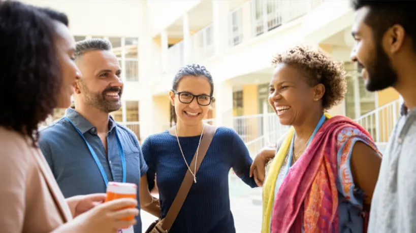 Grupo de professores de diferentes idades e etnias sorrindo em um ambiente colaborativo
