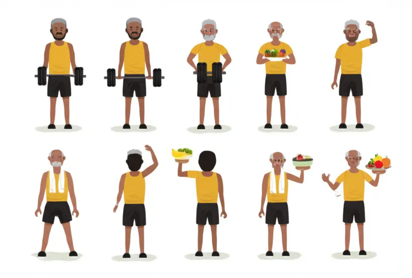 Ilustração de um homem em diferentes fases da vida, desde jovem a idoso, praticando atividades físicas e comendo de forma saudável, simbolizando a saúde integral.
