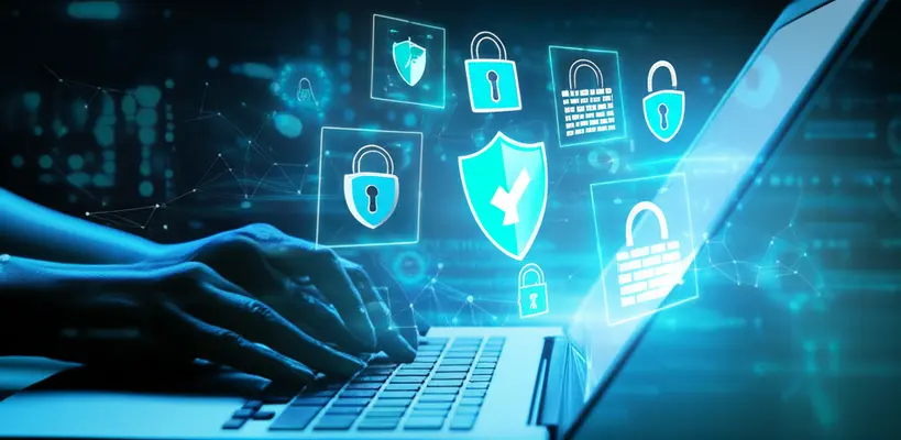 Pessoa digitando em um laptop com ícones de segurança cibernética e um cadeado digital flutuando ao redor, simbolizando proteção contra fraudes online