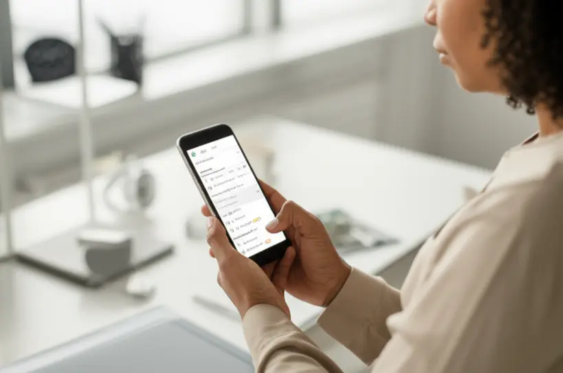 Foto realista de uma pessoa utilizando um smartphone para organizar tarefas e notas, com um ambiente de trabalho focado ao fundo.