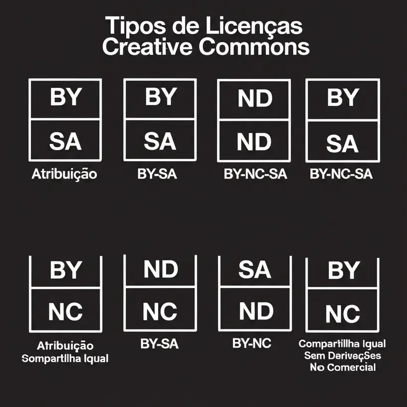 Ilustração dos diferentes símbolos e tipos de licenças Creative Commons, como BY, SA, ND, NC