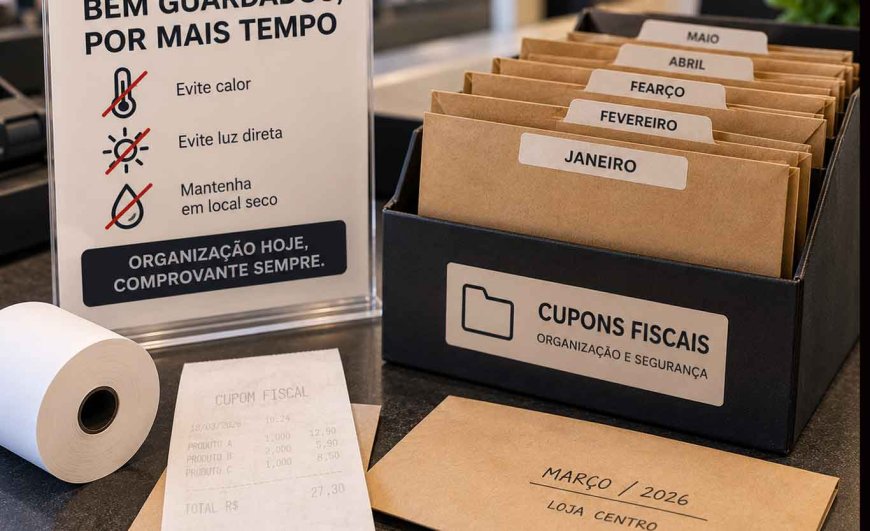 Cupons fiscais guardados em pasta organizadora para preservar a impressão térmica